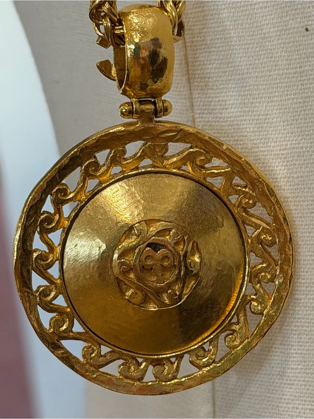 CHANEL Gold Plated Long Medallion Necklace with Mirror Pendant